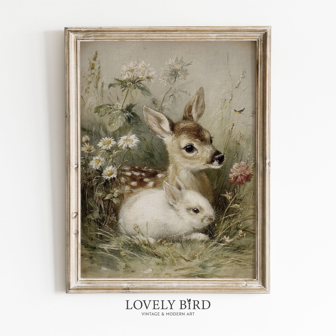 Vintage Fawn Bunny Art Print, Floral Spring Farmhouse Wall Decor, Girls ...