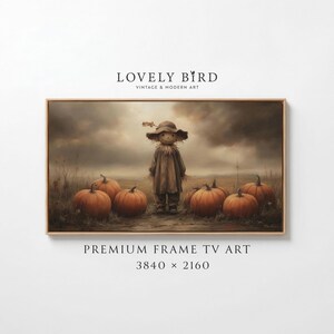 May include: A framed artwork featuring a scarecrow standing in a field of pumpkins. The scarecrow wears a hat and a long coat. The pumpkins are orange, and the sky is overcast. The text "LOVELY BIRD" and "VINTAGE & MODERN ART" are at the top. The text "PREMIUM FRAME TV ART" and "3840 x 2160" are at the bottom.