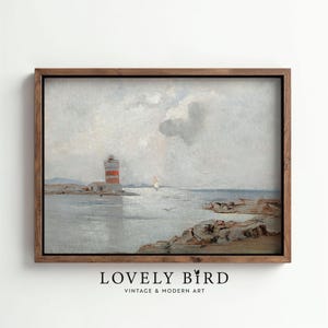 Descarga de impresión de faro costero vintage, arte de pared de casa de playa IMPRIMIBLE, póster DIGITAL para sala de estar de granja, pintura de paisaje marino n.° 526