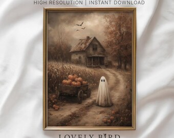 May include: A framed vintage print featuring a spooky autumn scene. A ghost stands on a dirt road leading to a house, with a cart of pumpkins nearby. The artwork has a sepia tone, with the text "HIGH RESOLUTION | INSTANT DOWNLOAD" and "LOVELY BIRD VINTAGE & MODERN ART".