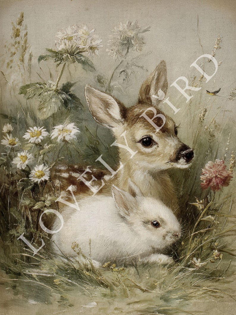 Vintage Fawn Bunny Art Print, Floral Spring Farmhouse Wall Decor, Girls ...