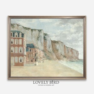Impresión digital de casas de playa, pintura vintage de verano apagado, decoración costera para sala de estar, descarga instantánea horizontal, póster imprimible n.° 777