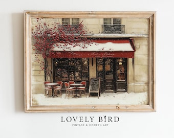 Paris Cafe Winter Print: Snowy Vintage City Painting (Digital Download)