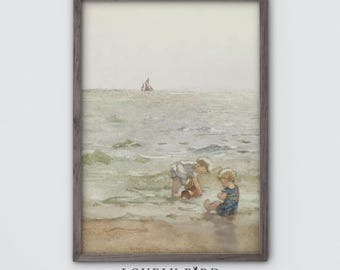 Vintage Seaside Watercolor Print: Children Playing on Beach (Digital Download) #910