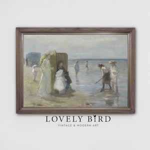 Niños jugando en la playa, póster de baño de verano, pintura de cabaña costera, arte de pared para guardería (descarga digital) #966