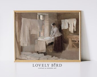 Neutral Laundry Room Painting, PRINTABLE Vintage Wall Art, Downloadable Laundress Print, Warm Tones Digital Artwork, Working Woman Art, #419