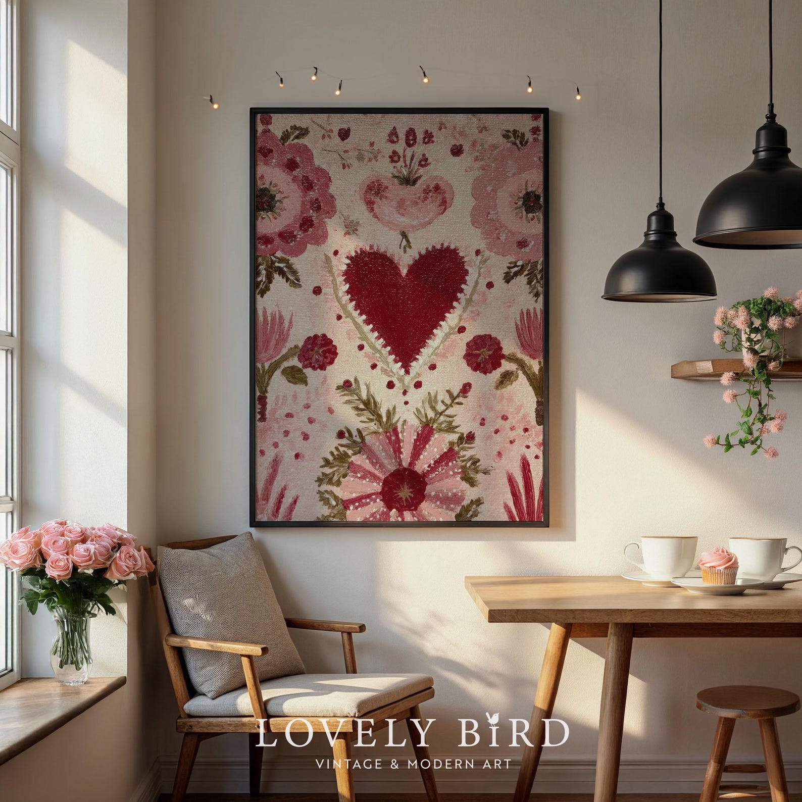 Romantic Valentine Flower Heart Print, Floral Love Pattern Painting ...