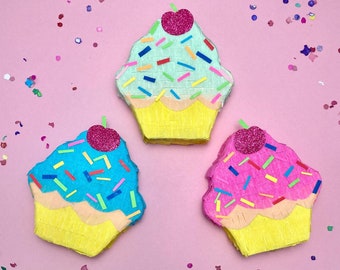 Cupcake Mini Piñata, Pink, Blue, Party Decoration (4.25" L x 4" W)