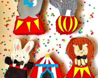Circus theme mini pinatas: Lion, Seal, Elephant, Rabbit, Circus Tent