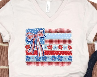 Floral American Flag 4th of July VNeck Shirt
