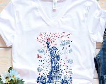 Statue of Liberty Fireworks 4th of July VNeck Shirt