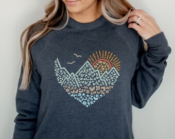 Mountains Heart Sweatshirt, Outdoors Crewneck, Hiking Sweatshirt, Mountains Crewneck