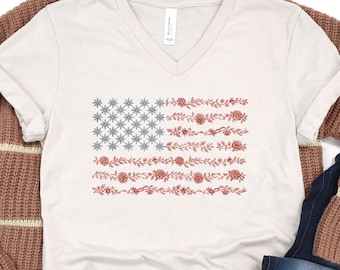 Floral American Flag 4th of July VNeck Shirt