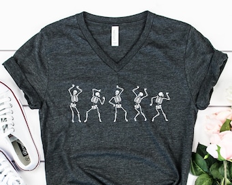 Dancing Skeleton VNeck / Skeleton VNeck Shirt / Funny Skeleton VNeck / Funny Halloween Vneck Shirt / Men Women Unisex