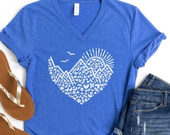 Mountains Heart VNeck / Mountain Vneck Shirt / Hiking VNeck Shirt / Take Me to the Mountains Vneck Tee / Mountain Heart VNeck Shirt
