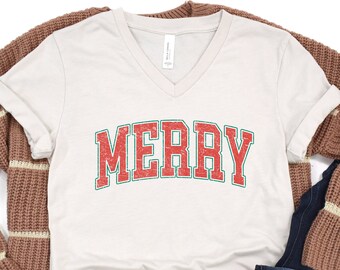Christmas Shirt For Women 3/4 Sleeve V Neck Tops Ugly Xmas Graphic Tee Family Holiday T-Shirt Dressy Casual Print Bloe