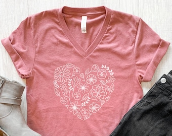 Floral Heart VNeck Shirt / Heart Vneck Shirt / Valentine's Day VNeck / Women's Valentine's Day Shirt / Men Women Unisex