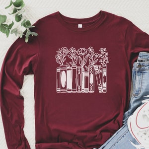 Bookshelf Floral Long Sleeve Shirt / Book Lover Long Sleeve / Reading Lover Long Sleeve Shirt / Book Addict Shirt / Floral Book Shirt