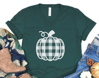 Plaid Pumpkin VNeck Shirt / Pumpkin Patch V-Neck Shirt / Fall Autumn VNeck TShirt / Unisex Men Women