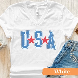 Vintage USA VNeck Graphic Tee / Patriotic VNeck Shirt / Retro 4th of July V-Neck / Women&#39;s 4th of July Shirt / Women&#39;s Patriotic Shirt