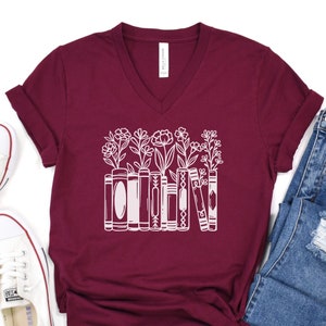 Bookshelf VNeck Shirt / Floral Book VNeck / Book Lover Shirt / Reading VNeck Shirt