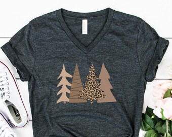 Leopard Print Christmas Trees VNeck / Cute Winter Christmas VNeck / Christmas Tree Vneck Shirt / Women Unisex Plus Size