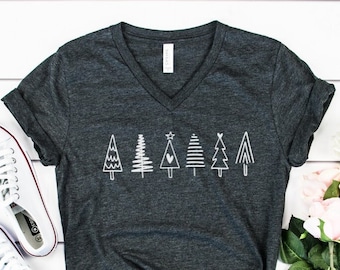 Christmas Trees VNeck / Cute Winter Christmas VNeck / Christmas Tree Vneck Shirt / Women Unisex Plus Size