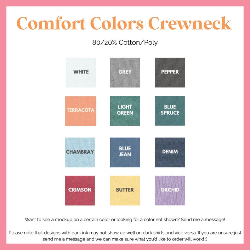 a collection of 12 different crew neck colors, each with a corresponding color name, arranged in a grid format.