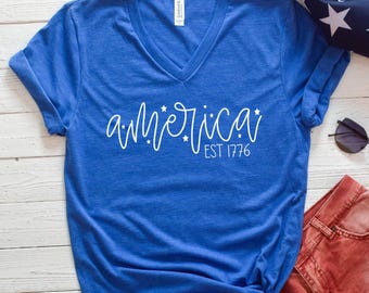 America Est 1776 VNeck / 4th of July VNeck / Independence Day Vneck / Patriotic VNeck Shirt / Men Women Unisex