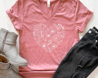 Floral Heart VNeck Shirt / Heart Vneck Shirt / Valentine's Day VNeck / Women's Valentine's Day Shirt / Men Women Unisex