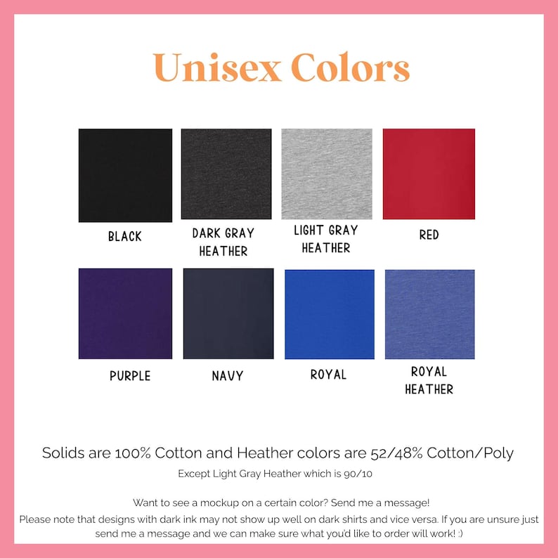 a color chart for the unisex colors