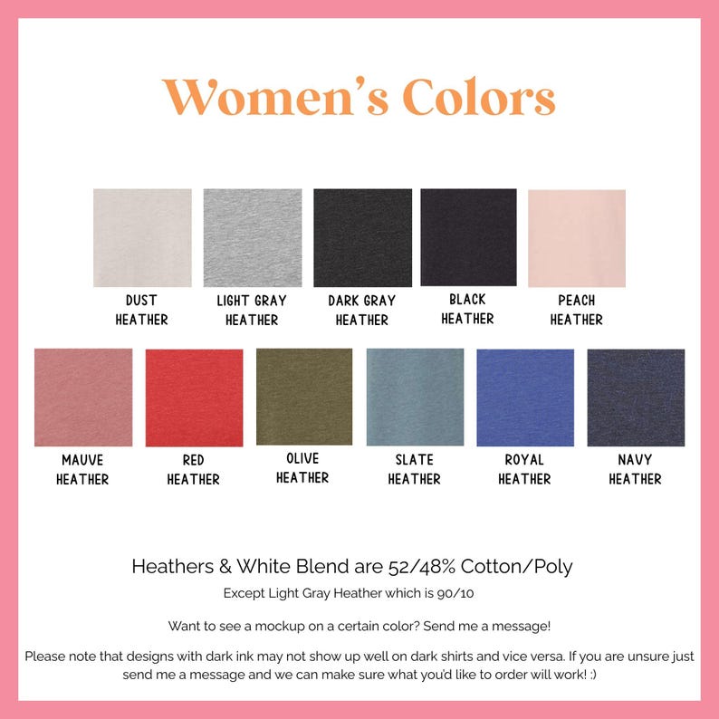 a collection of color swatches for women's clothing, including various shades of grey, black, peach, and navy.