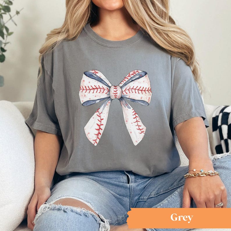 Baseball Bow Shirt, Baseball Comfort Colors® Shirt, Coquette Baseball Shirt, Women's Baseball Tee Grey