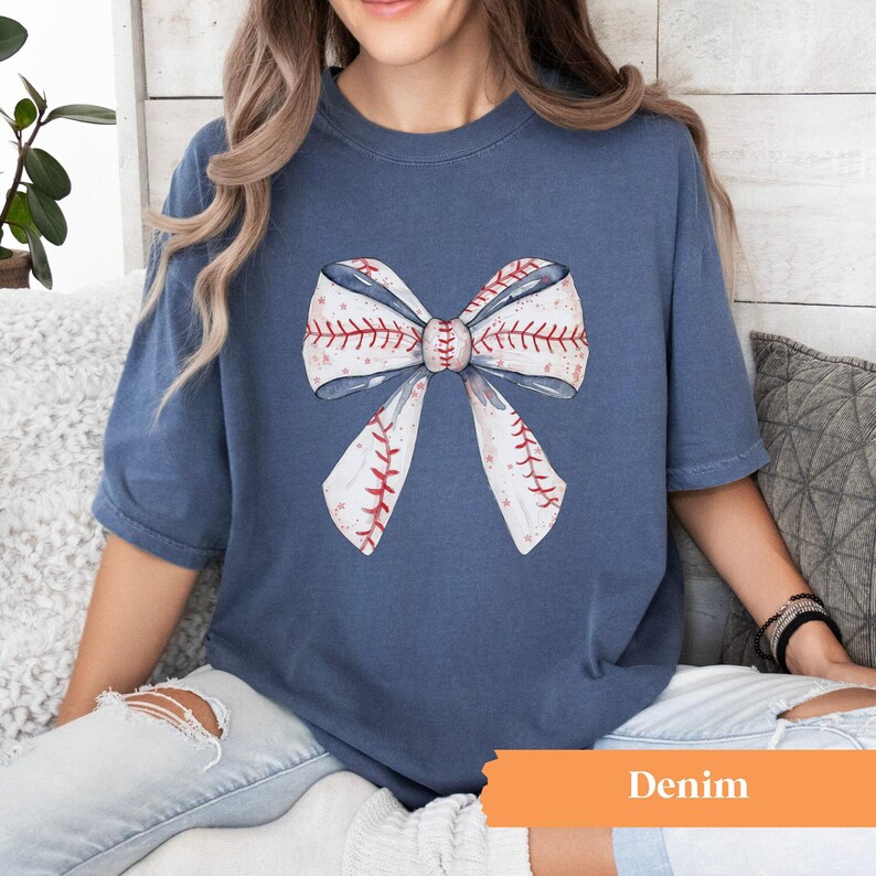 Baseball Bow Shirt, Baseball Comfort Colors® Shirt, Coquette Baseball Shirt, Women's Baseball Tee image 1