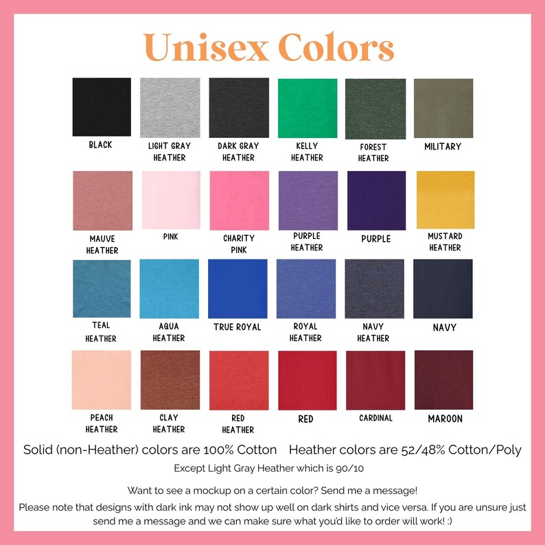 the color chart for the unisex colors