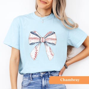 Baseball Bow Shirt, Baseball Comfort Colors® Shirt, Coquette Baseball Shirt, Women's Baseball Tee Chambray