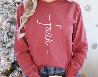 Faith Cross Comfort Colors® Long Sleeve Shirt, Easter Comfort Colors® Long Sleeve, Christian Graphic Tee