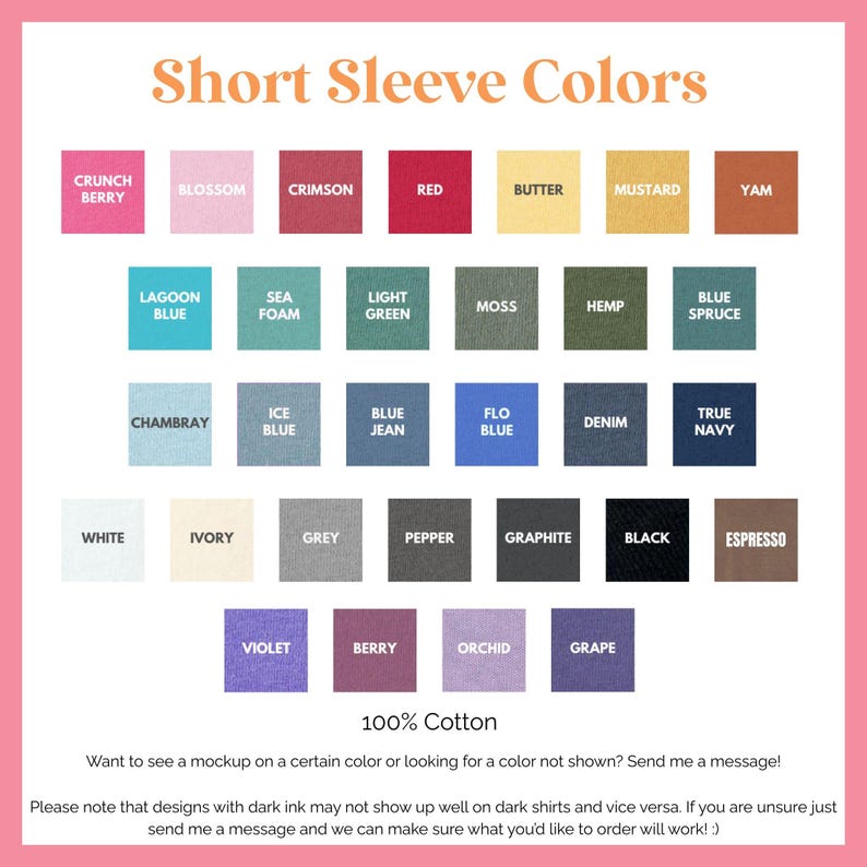 a collection of short sleeve colors, including crunch berry, blossom, Crimson, red, butter, mustard, yam, blue, lagoon blue, sea foam, light green, moss, Hemp, blue, jeans, chambry, blue, jean, denim, navy, white, ivory, grey, pepper, black, espresso, purple, berry, orchid, grape, black, and finally, white, orchid, grape, and orchid.