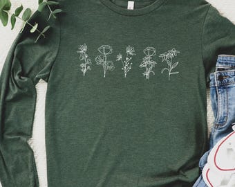 Botanicals Long Sleeve Shirt / Floral Sketch Long Sleeve / Flower Drawing Long Sleeve Shirt