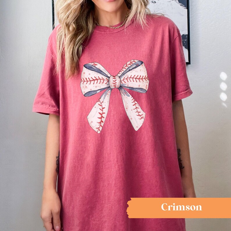Baseball Bow Shirt, Baseball Comfort Colors® Shirt, Coquette Baseball Shirt, Women's Baseball Tee Crimson