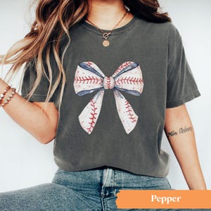 Baseball Bow Shirt, Baseball Comfort Colors® Shirt, Coquette Baseball Shirt, Women's Baseball Tee Pepper