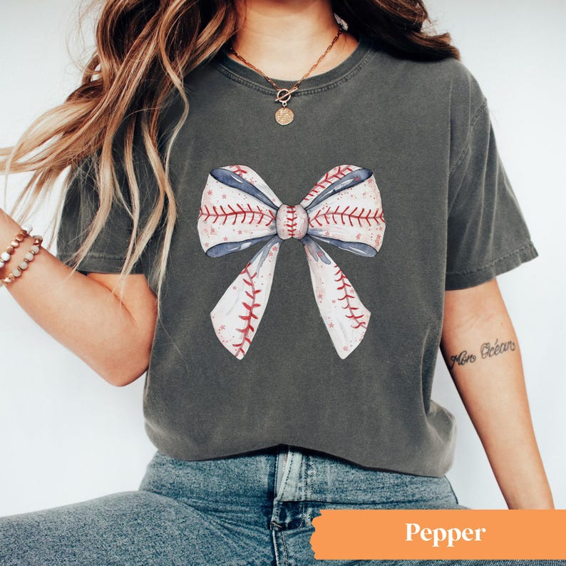 Baseball Bow Shirt, Baseball Comfort Colors® Shirt, Coquette Baseball Shirt, Women's Baseball Tee Pepper