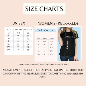 The image is a size chart for women's relaxed t-shirts, displaying measurements for different sizes such as XS, S, M, L, XL, and 2XL. The chart provides a visual guide for comparing the measurements to one's own size.