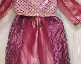 May include: A pink costume set featuring a sequined top with gold trim and puffy sleeves. The pants are a matching pink with decorative purple lace accents. This outfit is suitable for dress-up or themed events.