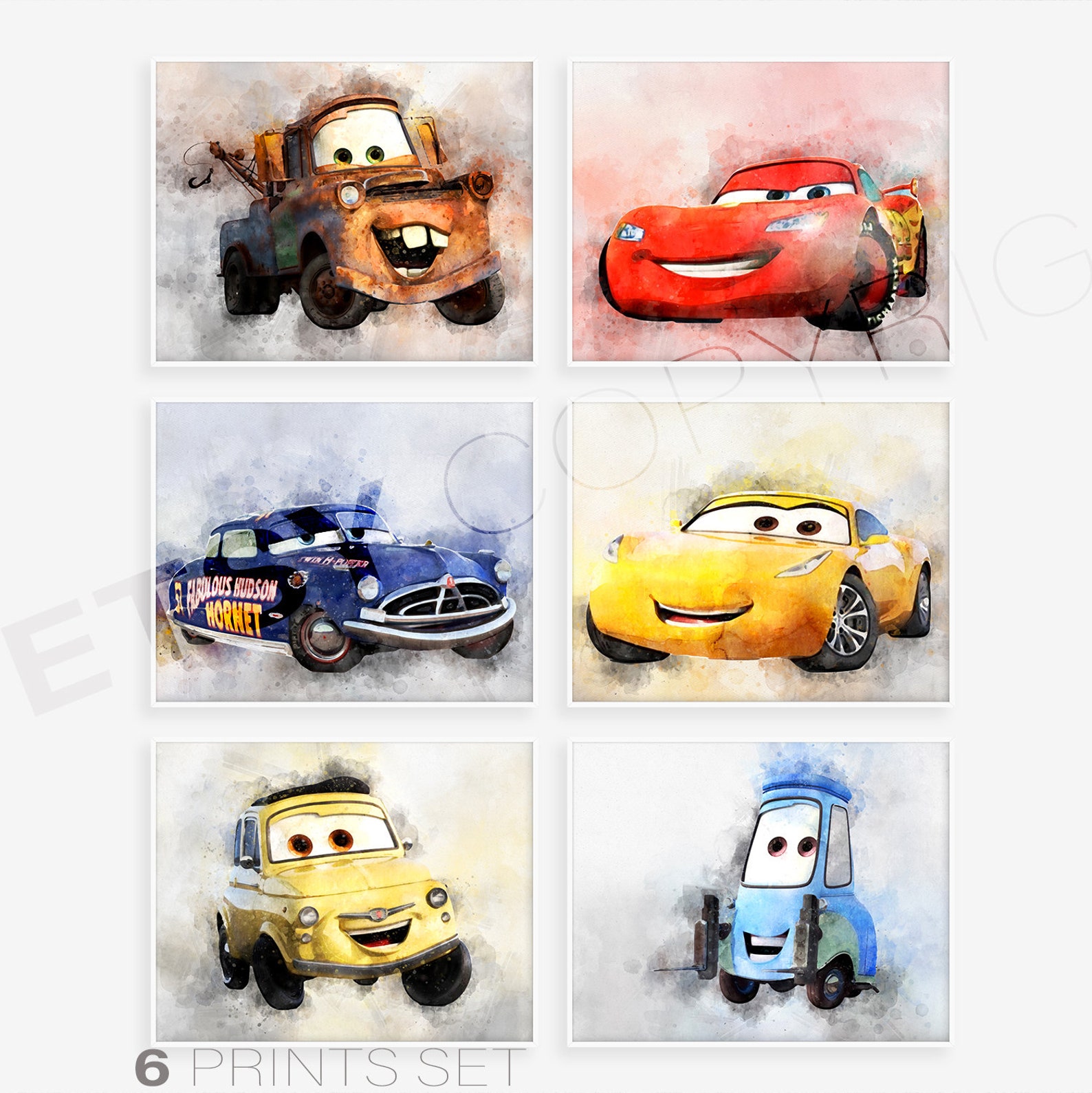 Disney Cars Print Set of 6 Disney Cars Poster Watercolor Print - Etsy