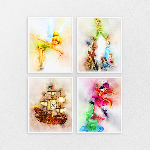 Peter Pan Print Set Of 4 Disney Movie Art Peter Pan Nursery Wall Art Watercolor Print Kids Room Decor Birthday Gift Ideas Playground R86