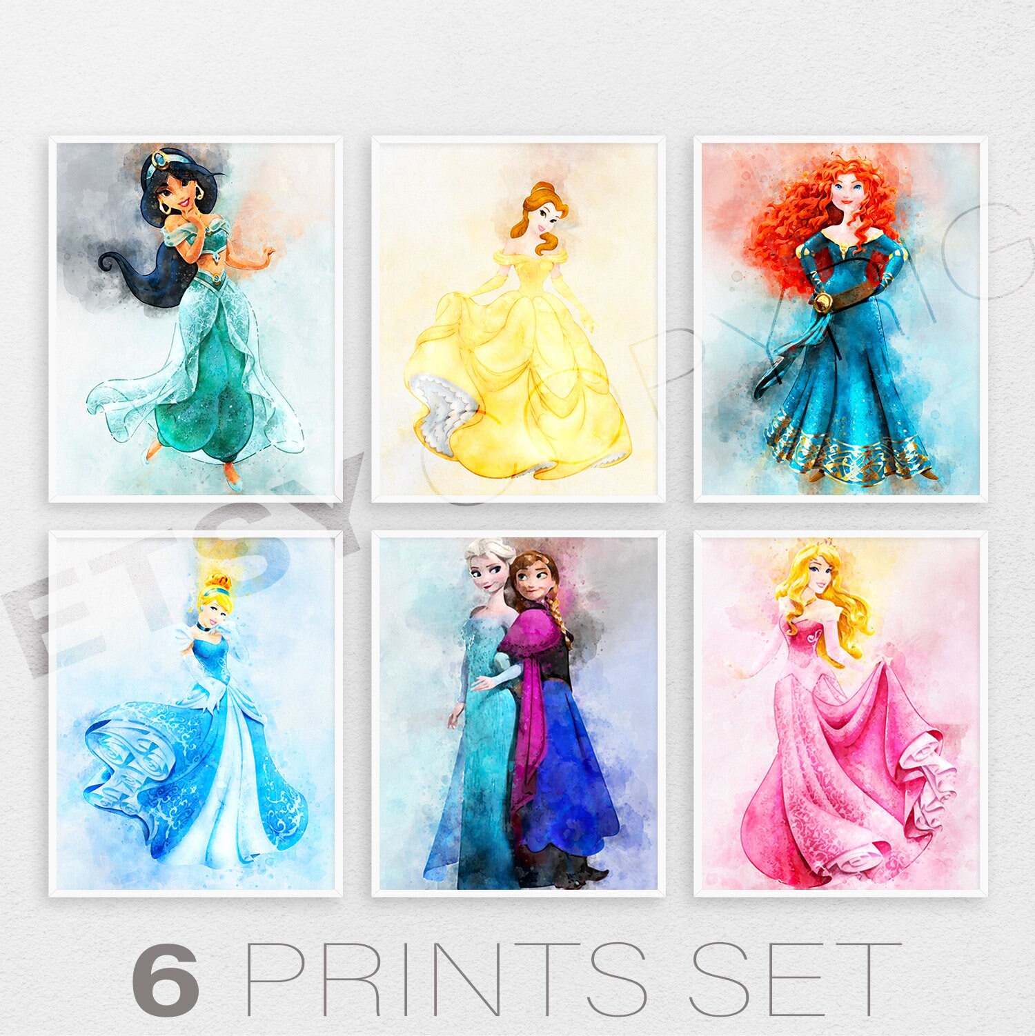 Disney Princess Print Set Of 6 Disney Watercolor Nursery Wall | Etsy