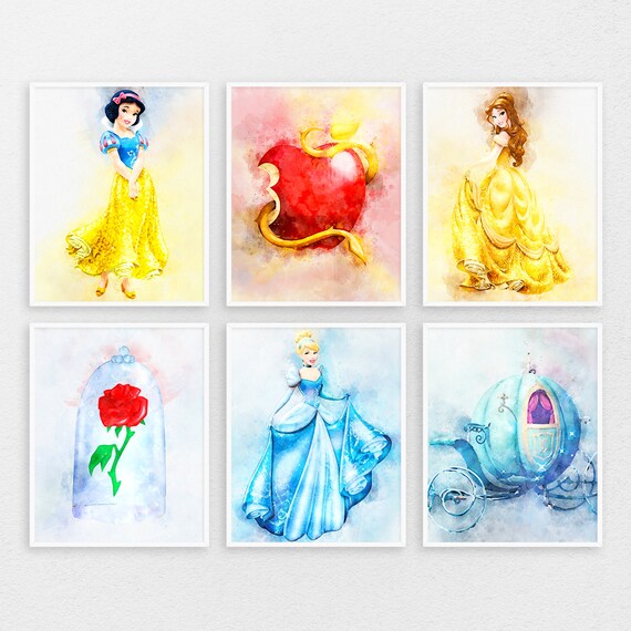 Disney Princess Print Set Of 6 Snow White Belle Cinderella Etsy