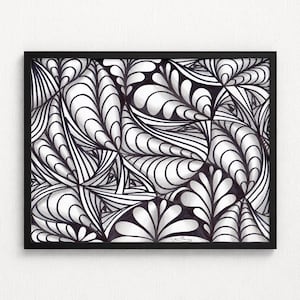 May include: A framed black and white drawing featuring a repeating pattern of organic, leaf-like shapes with curved lines and shaded gradients. The artwork is enclosed in a thin black frame, showcasing a dense, intricate composition of flowing forms.