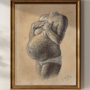 Original, NOT A PRINT - Motherhood art, Pregnant drawing, Biro pen, Minimal art, Figure drawing, Figure art, Vintage wall art, Unframed art.